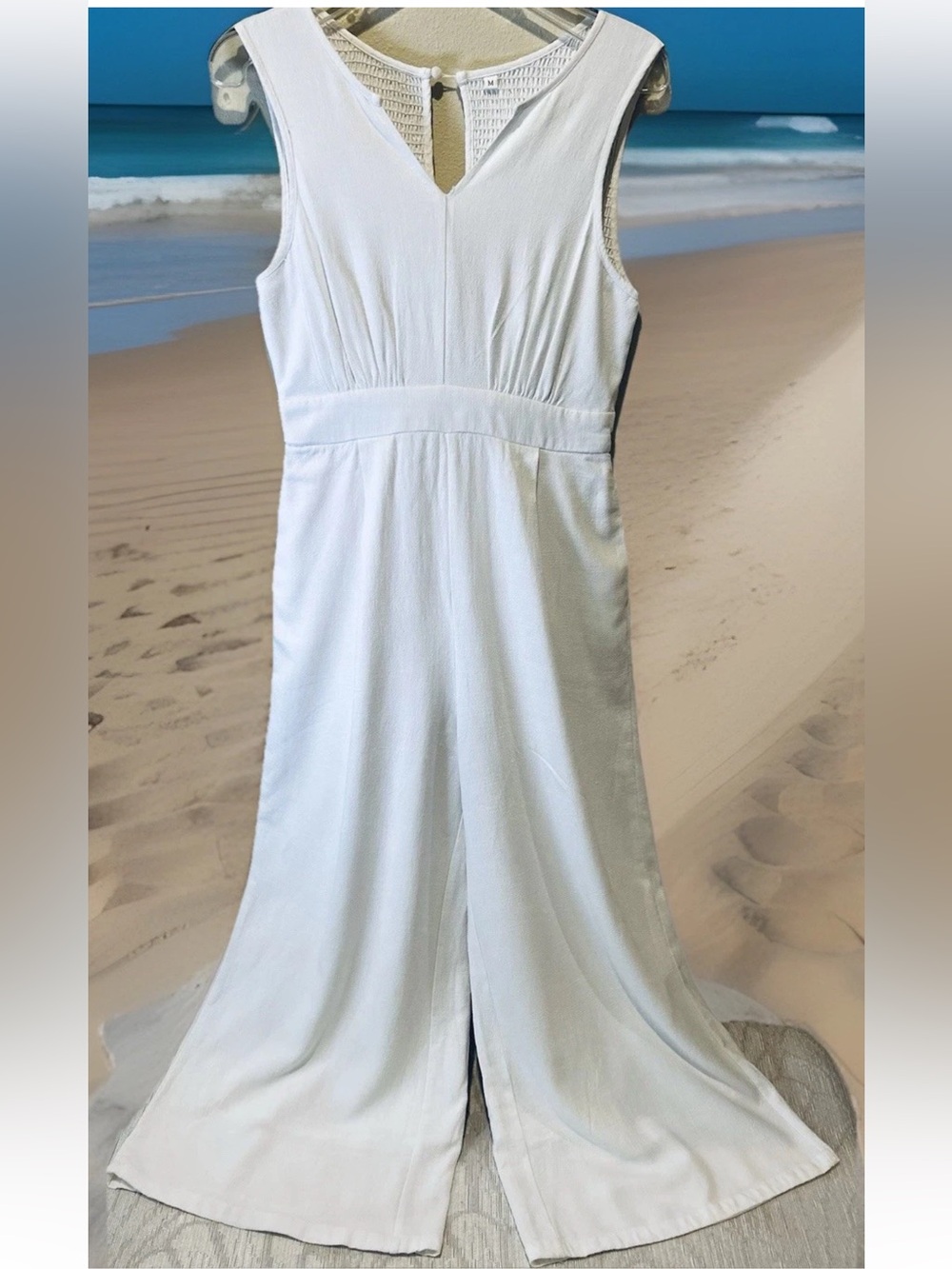 Boho White Linen Blend Wide Leg Jumpsuit Sleeveless V-Neck Romper Size Medium